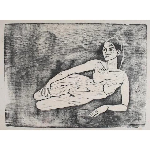 Reclining Female Nude 1960-70s Monochromatic Woodcut For Sale