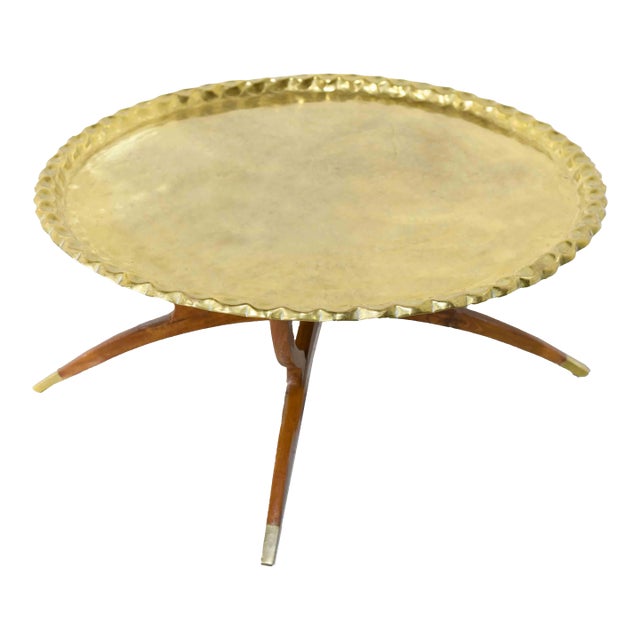 Mid Century Hammered Brass Tray Folding Coffee Table For Sale