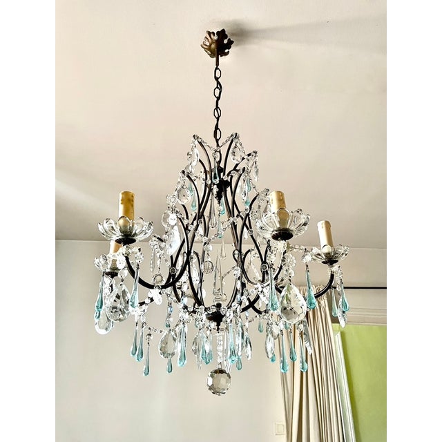 Metal Large Louis XV Chandelier in Blue Murano Glass and White Crystal, 1950 For Sale - Image 7 of 17