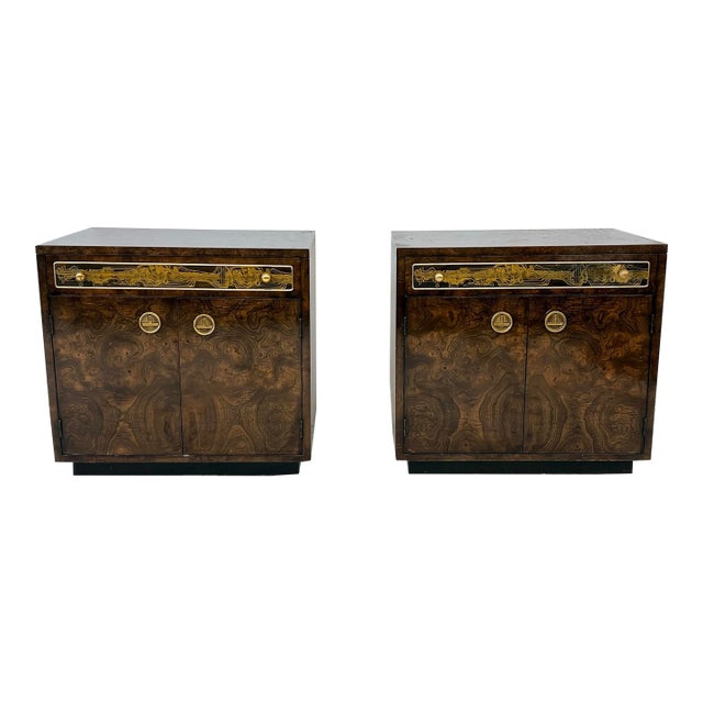 Bernhard Rohne Mastercraft Burl and Acid Etched Brass Nightstands, 1970's For Sale