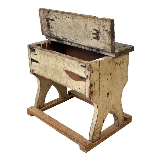 Antique Primitive Farmhouse White Painted Storage Milking Stool For Sale