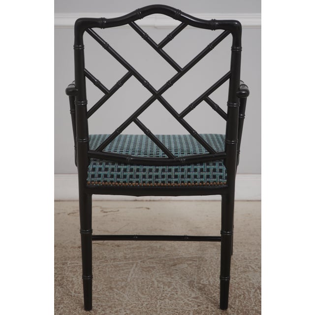 Pair of Ebonized Chinese Chippendale Faux Bamboo Dining Arm Chairs For Sale - Image 4 of 18