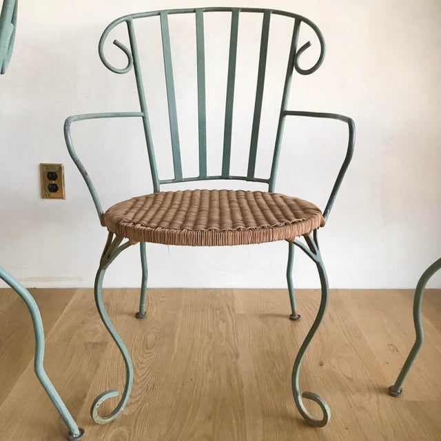 Vintage Verdigris Iron and Woven Rattan Dining or Patio ChairsSet of