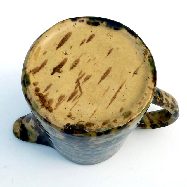 Antique Illinois Morton Pottery Small Pitcher – Woodland Green, Yellow & Brown Spongeware, Folk Art Stoneware For Sale In Buffalo - Image 6 of 6