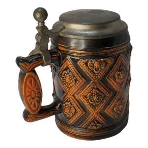 Rustic Medallion & Diamond Pattern Glazed Stoneware Beer Stein With Metal Lid