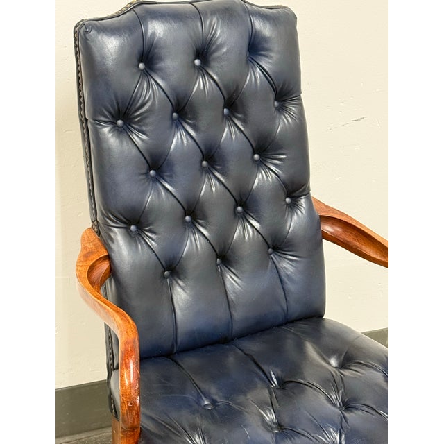 Blue Queen Anne Style Tufted Blue Leather Armchair, Vintage For Sale - Image 8 of 14