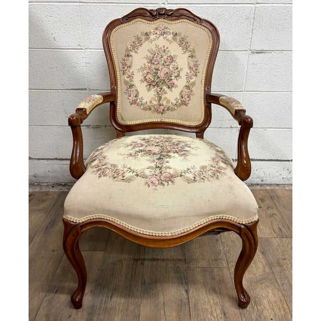 Vintage French Louis XV Regency Style Carved Needlepoint Upholstered Armchair For Sale In Kansas City - Image 6 of 12