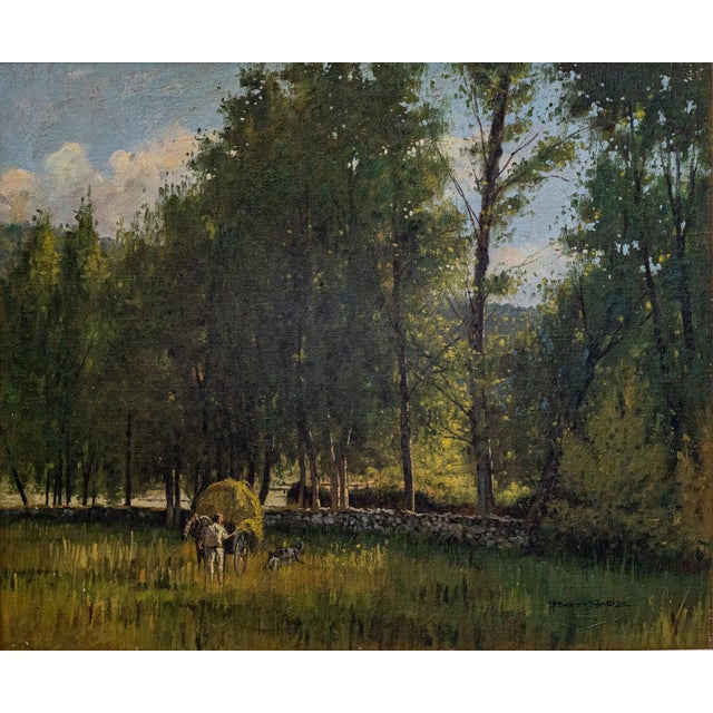 Signed framed oil of a farmer harvesting hay with his horse and cart. Artist name: benito sanchez b 1944 approx date:...