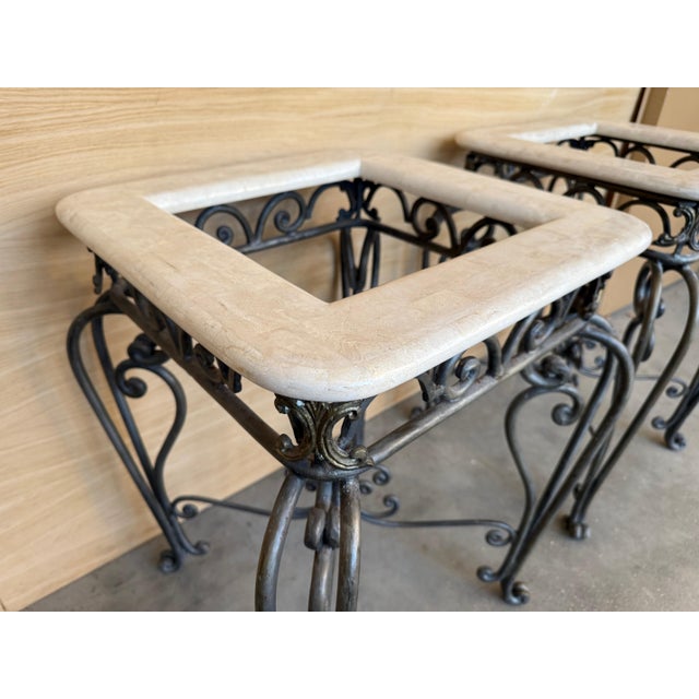 Metal Early 20th Century Pair of Neoclassical Style Patinated Forged Iron Planter Stands with marble top For Sale - Image 7 of 18