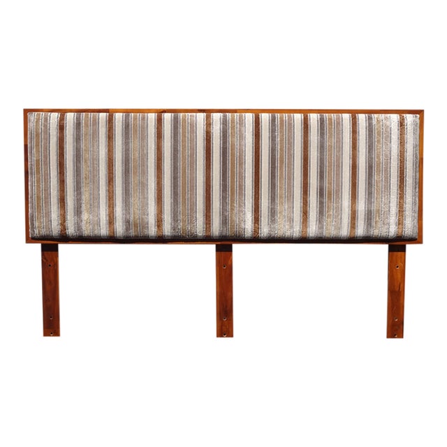 Vintage Mid Century Modern Style Brown Velvet Stripped Queen Headboard For Sale