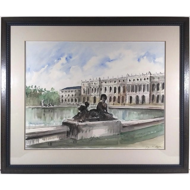 Mid 20th Century Mid 20th Century "Palace of Versailles" Watercolor and Ink on Paper by Guy De Neyrac, Framed For Sale - Image 5 of 5