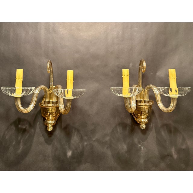 Hollywood Regency Early 20th Century Murano-Style Glass and Brass Two-Light Wall Sconces - a Pair For Sale - Image 3 of 5