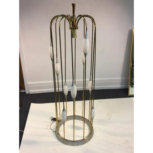 Great Modernist Polished Brass Cage Form Floor Lamp with Brushed Aluminum Base and Opaque White Glass Ovoid Shades in...