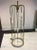Great Modernist Polished Brass Cage Form Floor Lamp with Brushed Aluminum Base and Opaque White Glass Ovoid Shades in...