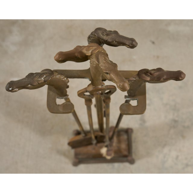 Brass Brass Equestrian Horse Motif Fireplace Tool Set With Stand For Sale - Image 8 of 14