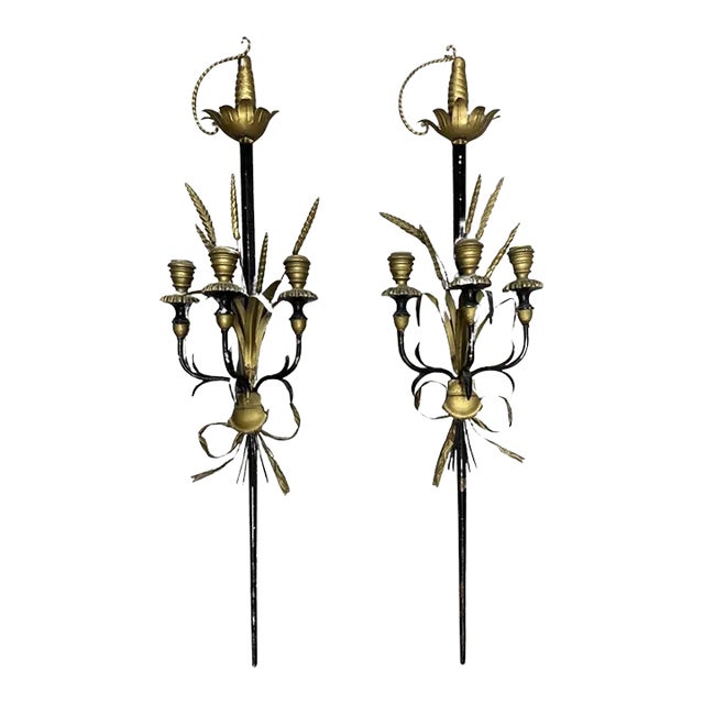 Italian Gilt Wood & Tole Sword Candle Wall Sconces a Pair For Sale