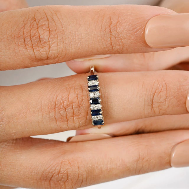 Baguette Cut Blue Sapphire & Diamond Half Band Ring Size 5 For Sale - Image 4 of 11