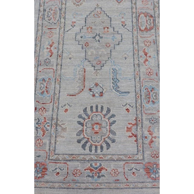 Modern Hand Knotted Modern Oushak With Coral and Blue Motifs on Light Gray Background For Sale - Image 3 of 12