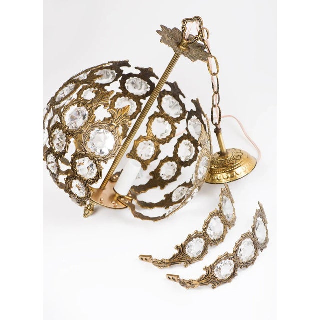 1960s Vintage Restored Spanish Lighting Brass Crystal Pendant Lamp For Sale - Image 9 of 13