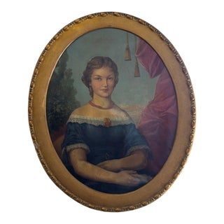 19th Century Oil Portrait of a Woman in Blue Gown in Oval Gilt Frame For Sale
