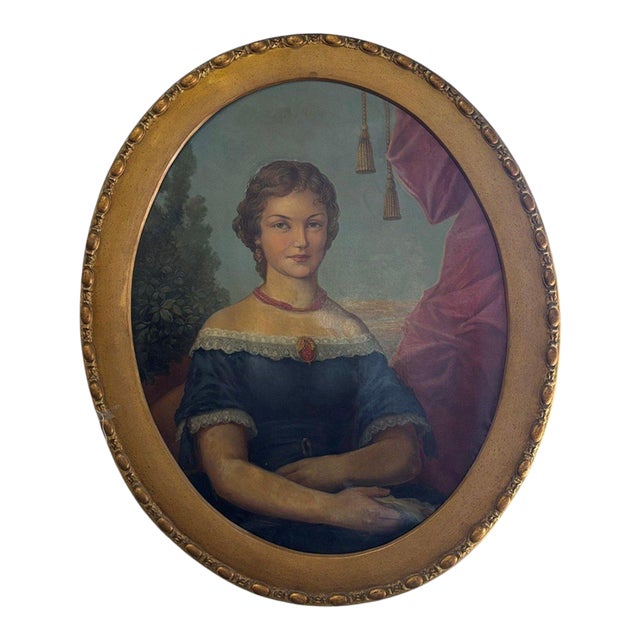 19th Century Oil Portrait of a Woman in Blue Gown in Oval Gilt Frame For Sale