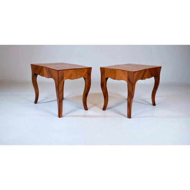 French Country Italian Parquetry Inlaid Olive Burl Wood Side Tables Louis XV Style For Sale - Image 3 of 13