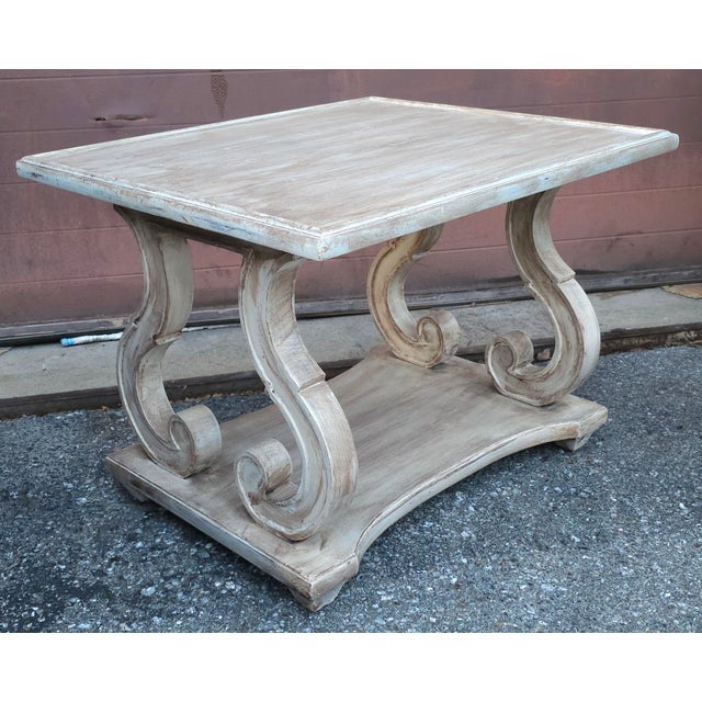Mid 20th Century White Washed Two Tiered Side Table With Scroll Details For Sale In Washington DC - Image 6 of 7