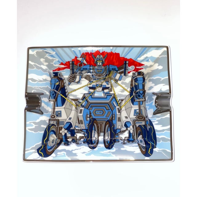 Hermes Mega Chariot rectangular porcelain ashtray, decorated using chromolithography in blue cobalt and silver colorway,...