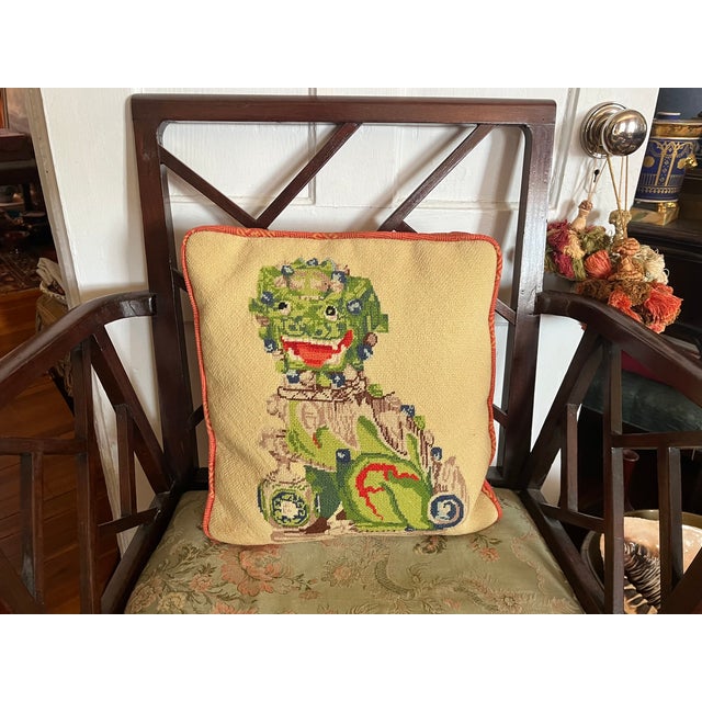 Mid-Century Needlepoint Pillow in the Chinese or Chinoiserie Taste With Foo Dog Lion For Sale In New York - Image 6 of 12