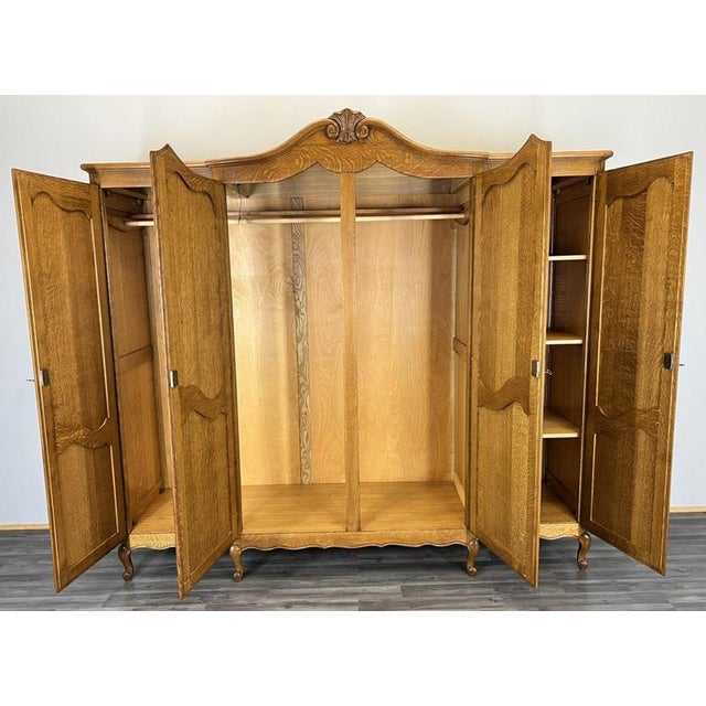 Vintage French Louis XVI Style Carved Oak 4-Door Wardrobe For Sale - Image 9 of 10