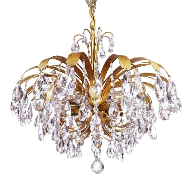 Gilt Brass Leaf and Cascading Crystal Chandelier from Palwa, Germany, 1960s For Sale