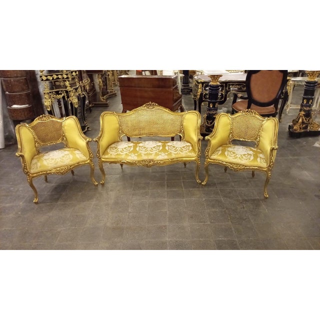 Wood Vintage Gilt Caned Settee & Pair of Armchairs For Sale - Image 7 of 10