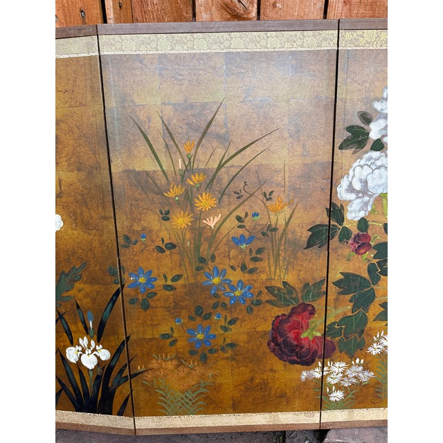 Vintage Hiyakuho Imayasu Japanese Hand-Painted Floral Gold Byobu Screen For Sale In Denver - Image 6 of 18