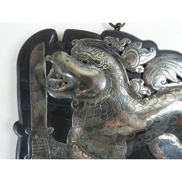 Vintage silver repousse and chased lion with sword, emblem of Sri Lanka formerly Ceylon. Likely sterling silver, no...