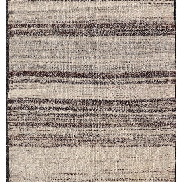 Measures: 2'6" x 5'6" Stripe Design Turkish Vintage Kilim Rug in Shades of Ivory, Beige, and Brown. Keivan Woven Arts /...