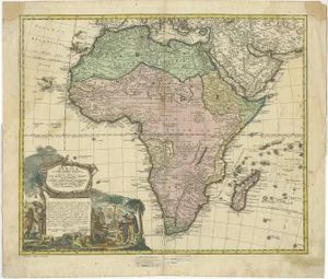 Antique Map of Africa including Cartouche with Elephant Tusks and Horned Serpent, 1737