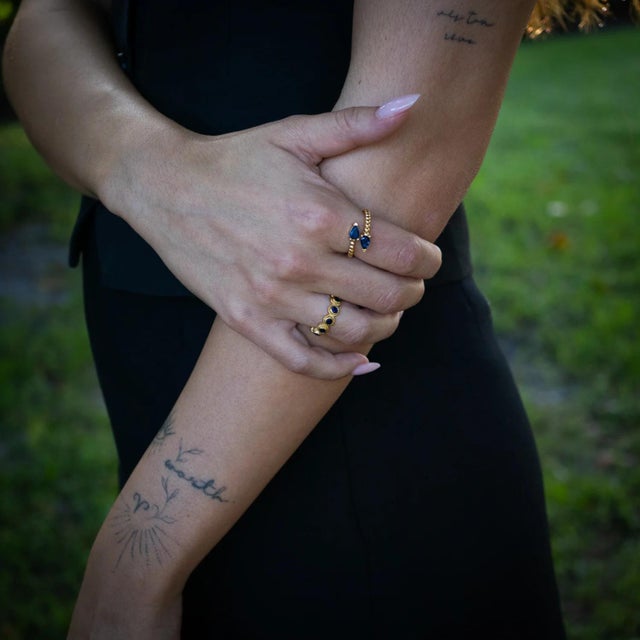 Metal Sapphire Teardrop Glow Gold Adjustable Ring, Size 8 For Sale - Image 7 of 9