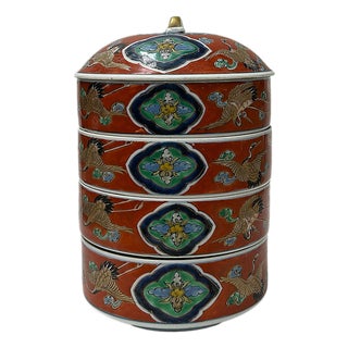 Vintage Oriental Iron Red Round Cranes Graphic Stack Container Box For Sale