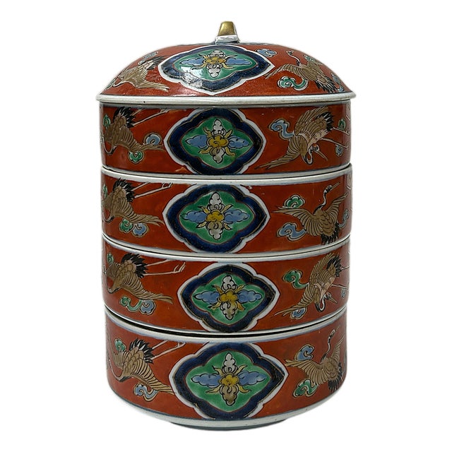 Vintage Oriental Iron Red Round Cranes Graphic Stack Container Box For Sale