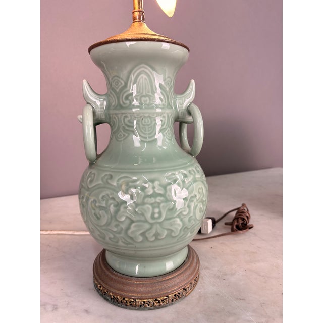 1920s 1920s Chinese Celadon Glazed Table Lamp With Raised Floral Design For Sale - Image 5 of 7
