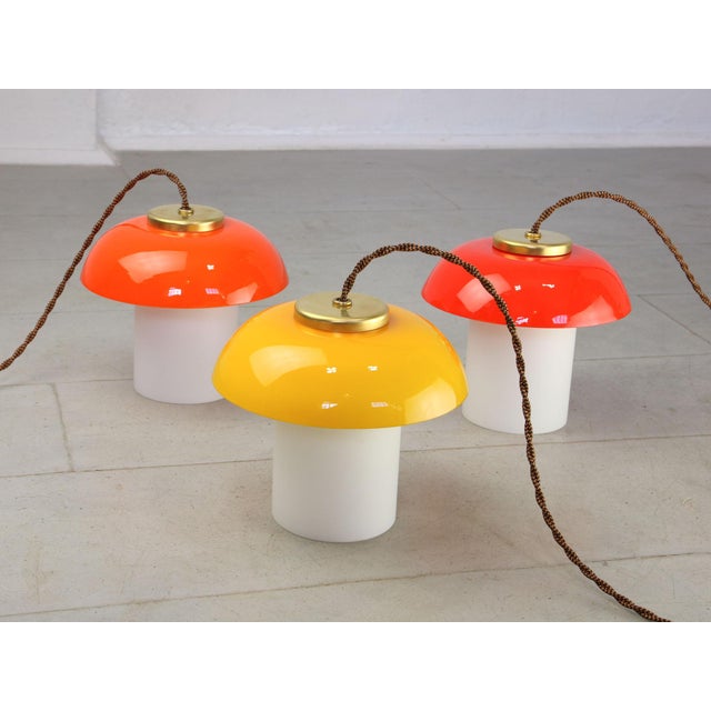 Glass Mid-Century Glass and Brass Mushroom Pendant Lamps, Set of 3 For Sale - Image 7 of 17
