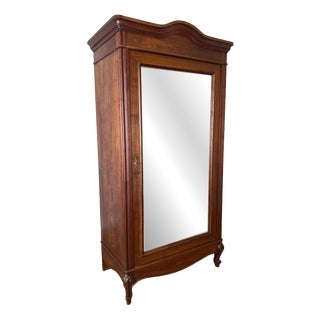 Antique French Style Carved Walnut Wardrobe with Mirror For Sale