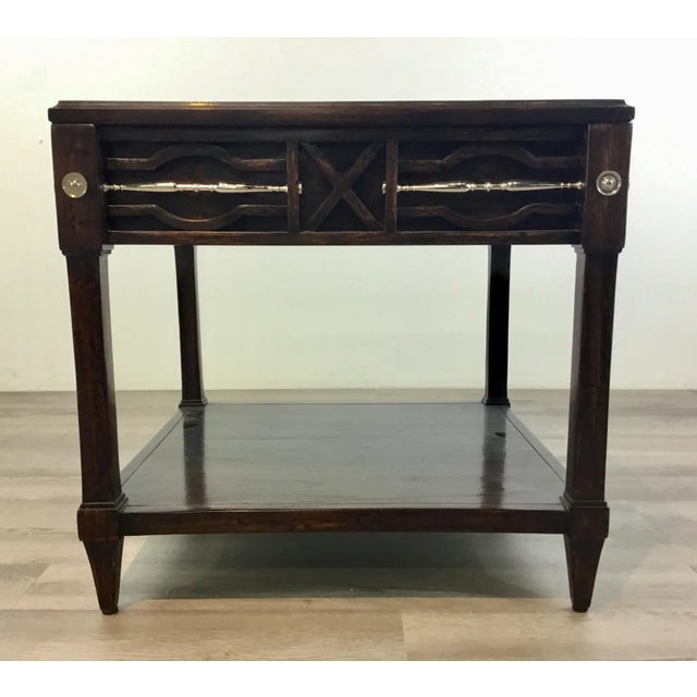 Original Retail $1650, stylish Ambella Home modern dark walnut finished wood spindle cocktail table, polished nickel...