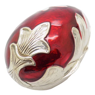 Vintage Italian Handmade Sterling Silver 925 and Red Enameled Egg-Shaped Box, Florence, Italy, 1980s For Sale