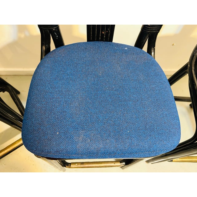 1970s 1970s Vintage Rattan Counter Stools Trio Blue Seats Fan Back For Sale - Image 5 of 12