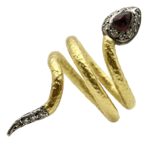 Vintage 22k Gold Diamond Ruby and Silver Snake Ring, Size 8