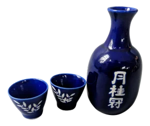 Classic Asian Japanese Blue and White Sake Set - 3 Pieces