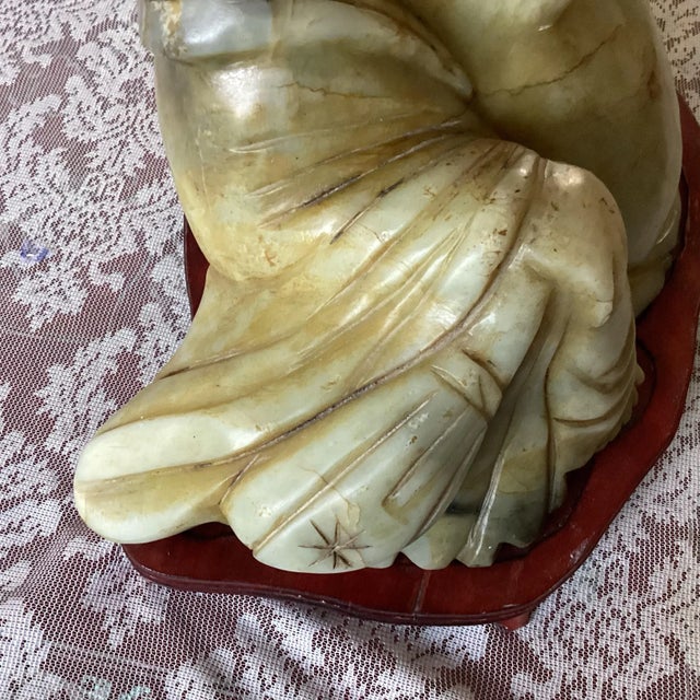 Monumental Antique Chinese Jade-Like Happy Buddha Sculpture on Custom Wooden Base, One-Piece Hand-Carved Jade | Symbol of Prosperity & Joy For Sale - Image 12 of 12