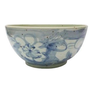 Large Blue & White Chinoiserie Watercolor Flower Bowl For Sale