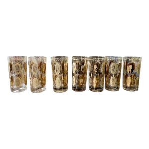 Mid-Century Modern Gold Royal Ladies Portrait Tall Boy or Tumbler Glasses - Set of 7